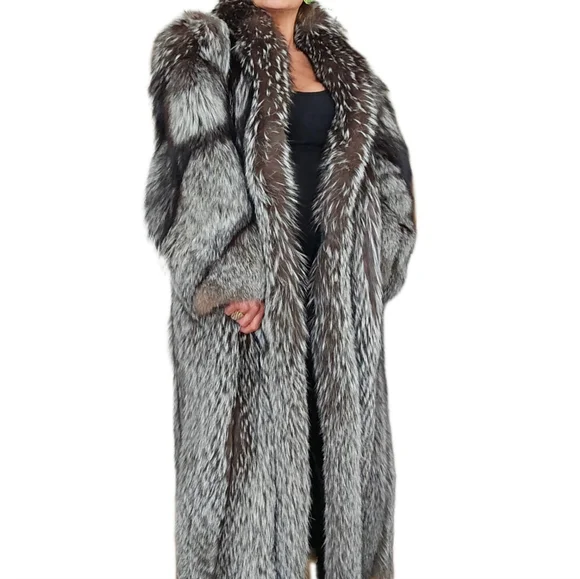 Vintage Genuine "Chubby" Fluffy Silver Indigo Fox Fur Full Length Coat - Picture 11 of 13